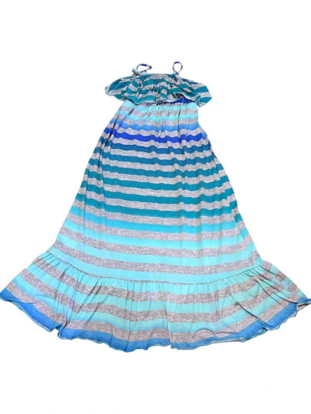 Beautees Girls M Turquoise Blue Striped Spaghetti Strap Maxi Dress